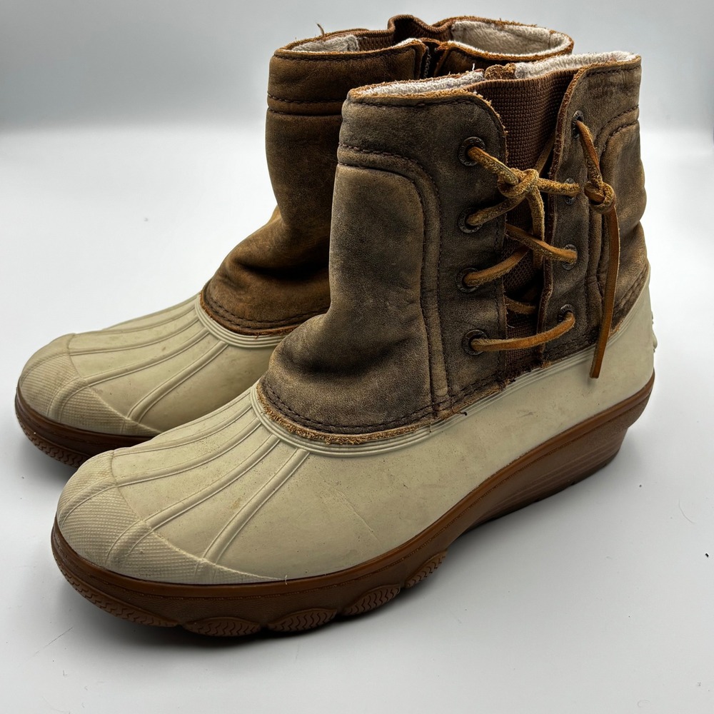 Sperry Saltwater Wedge Duck Boots Womens 7 Brown Tan Leather STS80768